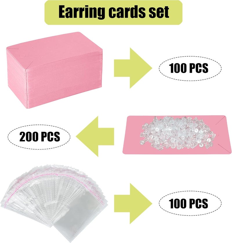 Twavang Pink Earring Display Cards with 100Pcs Earring Holder Cards, 200 Pcs Ear Backs and 100Pcs Jewelry Packaging Bags for Necklace Jewelry Display (3.5" x 2.3" Inches) - Image 3
